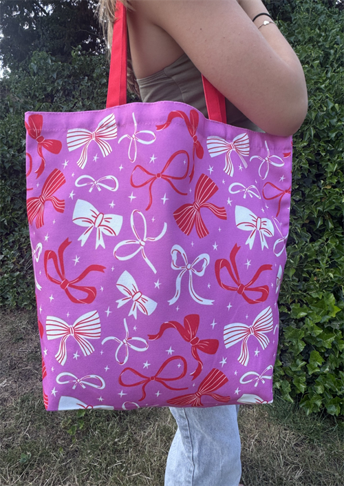 Roze canvas shopper met strikjesprint