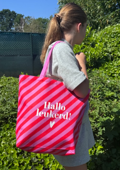 Canvas shopper met streepjes en tekst hallo leukerd