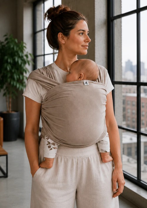 Moeder draagt haar baby in de Storchenwiege Sandstein rekbare draagdoek van 100% bamboe