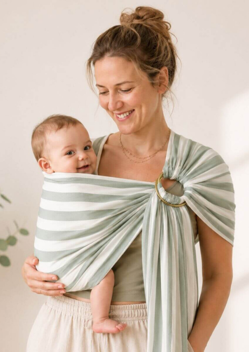 Hoppediz Matcha Latte ringsling in groen met streepdessin en aluminium ringen
